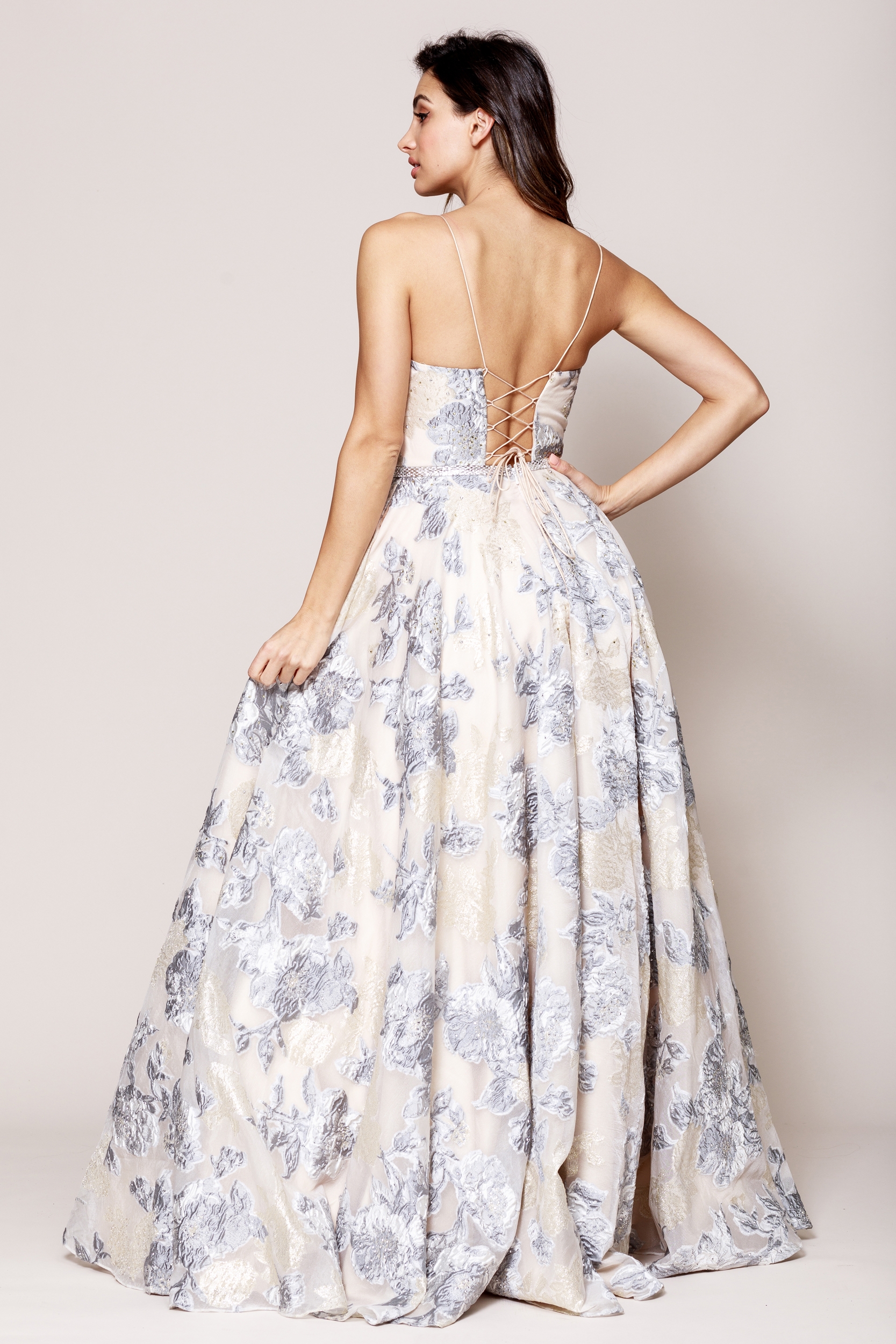 Floral Print and Embroidered Flared A-Line Prom Gown — back