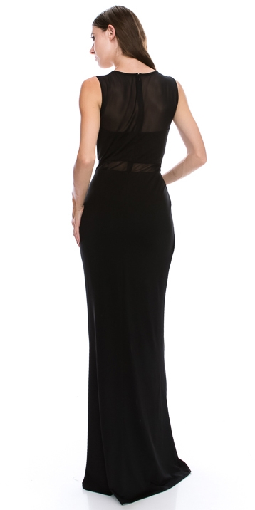 Round Neck Sleeveless Sheer Neck & Waist Long Formal Dress — back