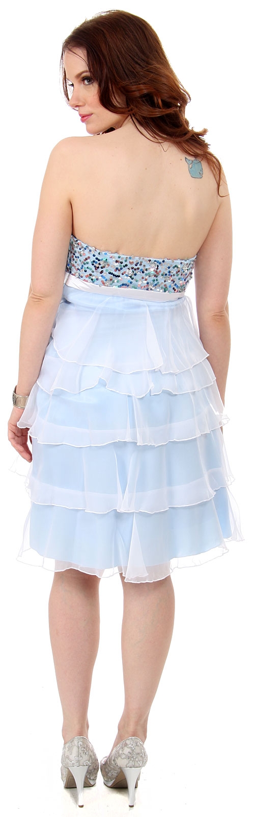 Sequin Bodice Short Party Dress with Cascading Ruffles — back