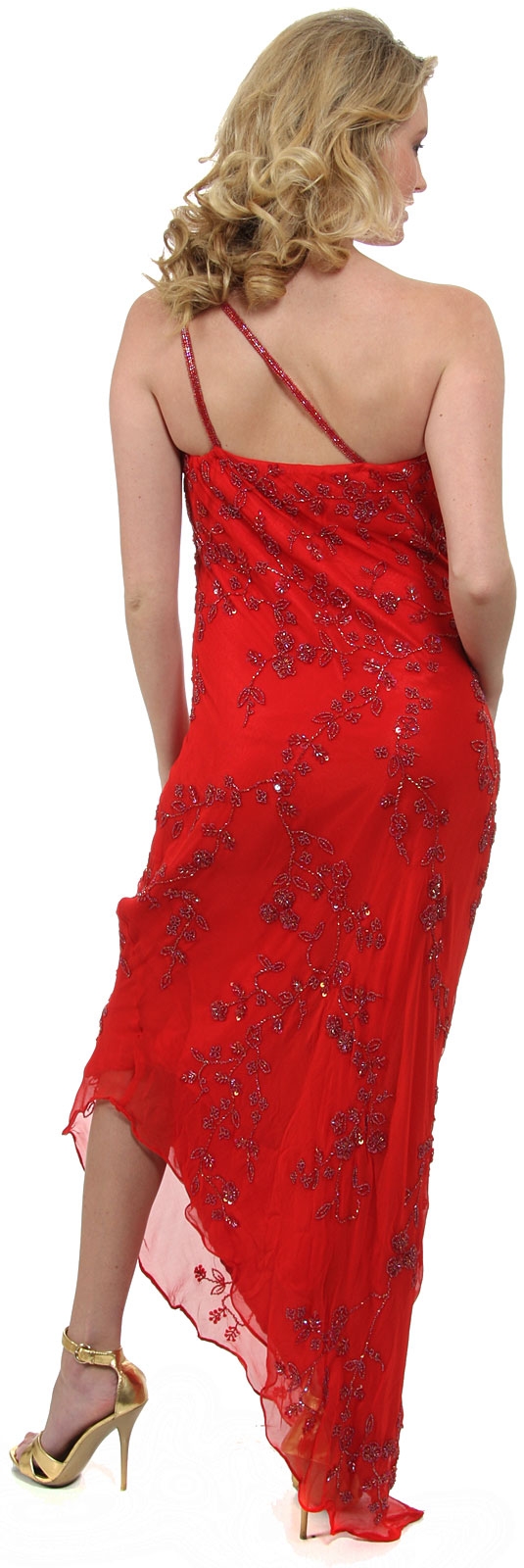 One Shoulder Prom Dress with Beaded Miniature Flowers — back in Red