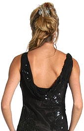 Cowl Neck Sequined Long Formal Dress with Floral Beading — back in Black