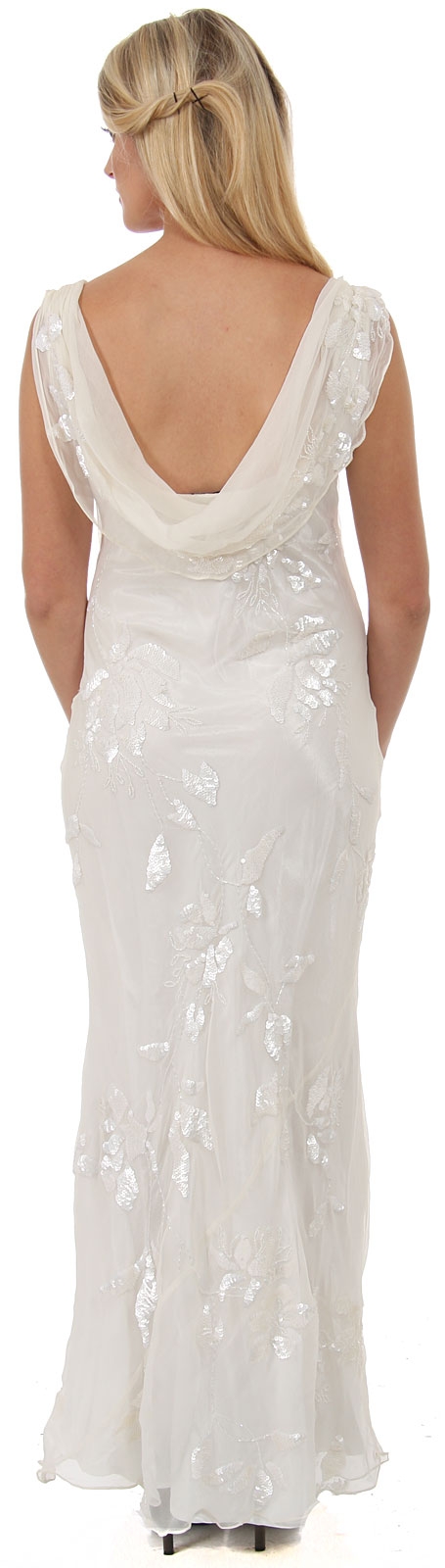 Cowl Neck Sequined Long Formal Dress with Floral Beading — back