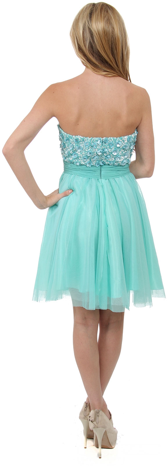 Strapless Flowered Sequined Short Dress — back in Aqua/Multi