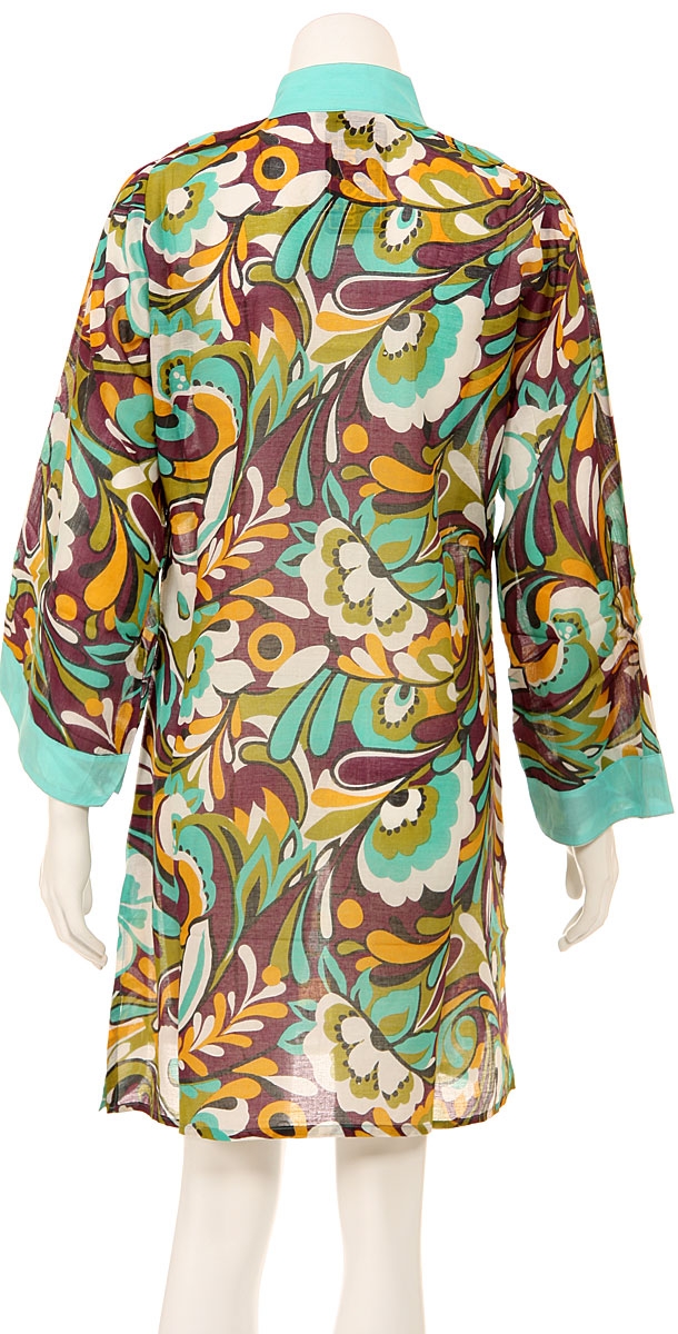 Long Sleeve Floral Print Aqua Summer Dress — back