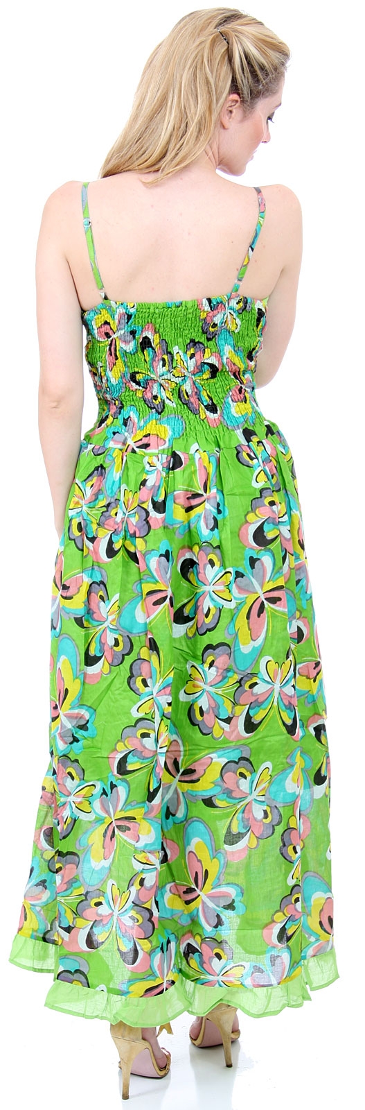 Spaghetti Strapped Butterfly Print Summer Dress in Lime — back