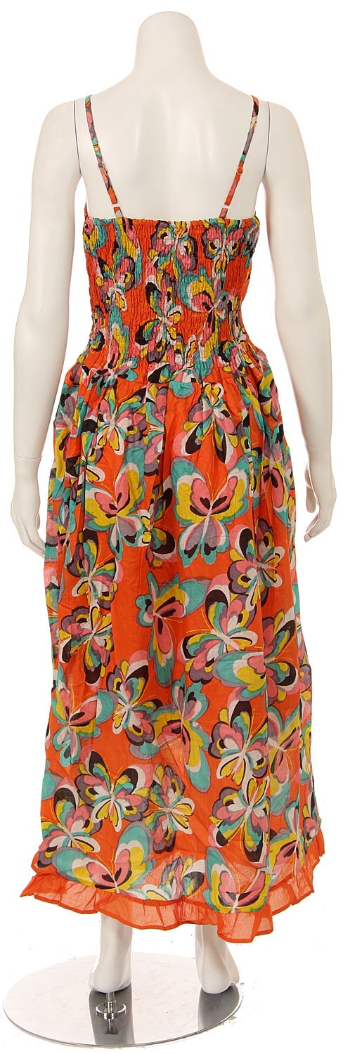 Spaghetti Strapped Butterfly Print Summer Dress in Orange — back