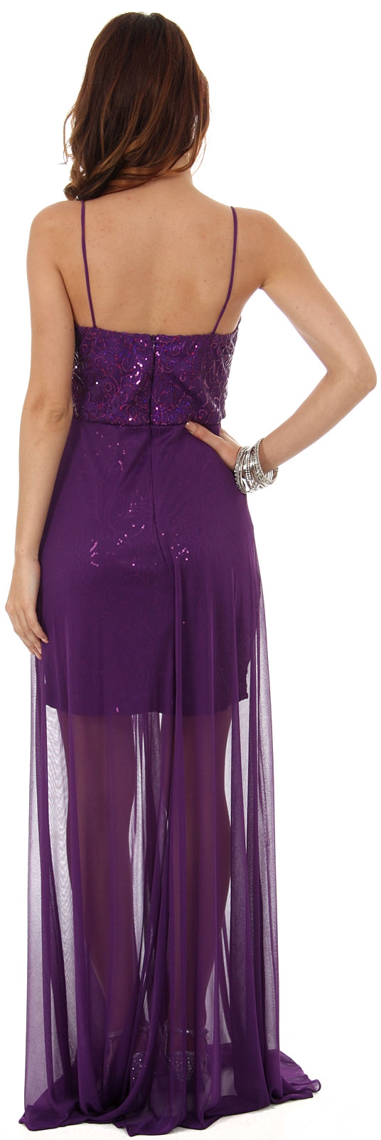 Sequined Short Cocktail Dress with Long Sheer Overlay — back