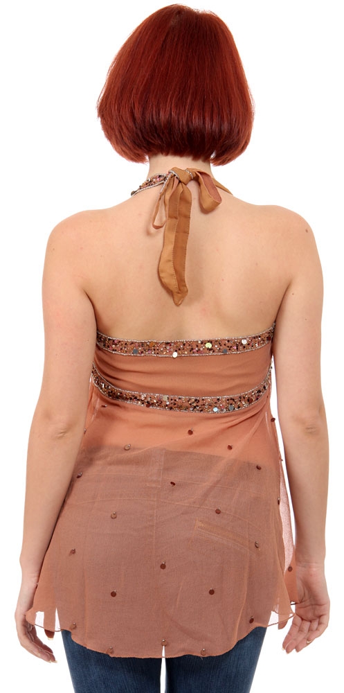 Halter Neck Sequined Top with Round Beadwork Patch — back