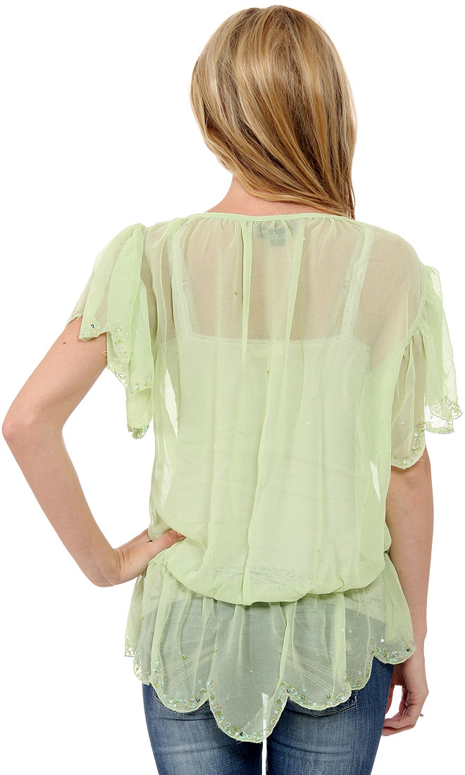 Short Sleeved Assymetric Sheer Top — back in Apple Green