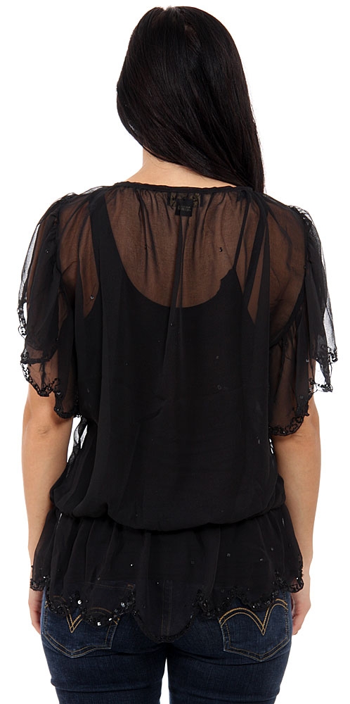 Short Sleeved Assymetric Sheer Top — back
