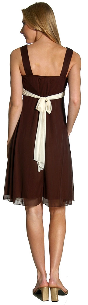 Knee Length V Neck Cocktail Dress with Waist Belt — back in Brown/Ivory