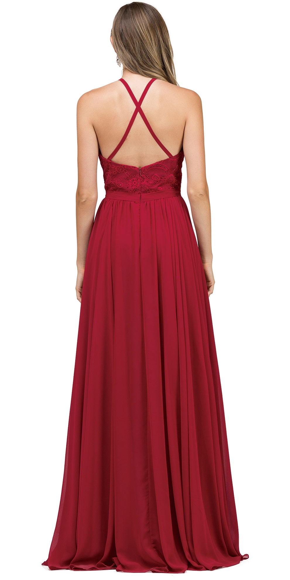 Lace Bodice Criss Cross Back Long Bridesmaid Dress — back
