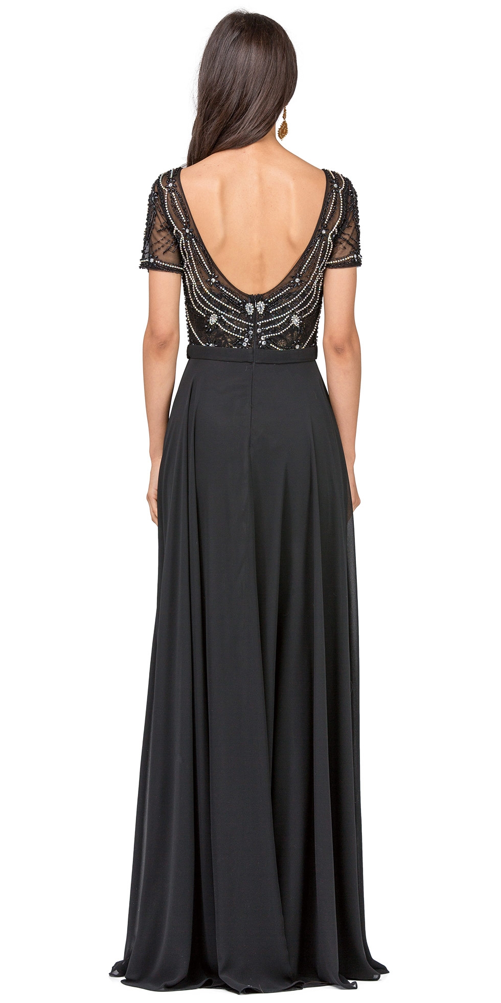 Boat Neck Half Sleeves Beaded Mesh Top Long Formal MOB Dress — back