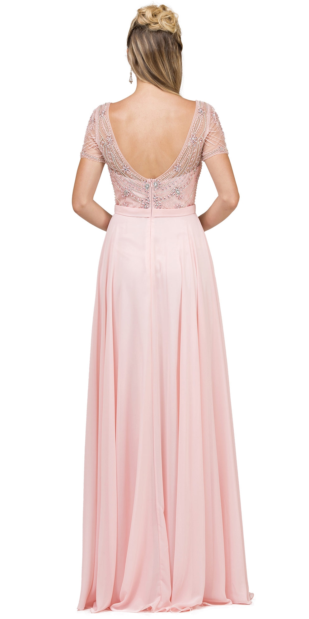 Boat Neck Half Sleeves Beaded Mesh Top Long Formal MOB Dress — back in Blush