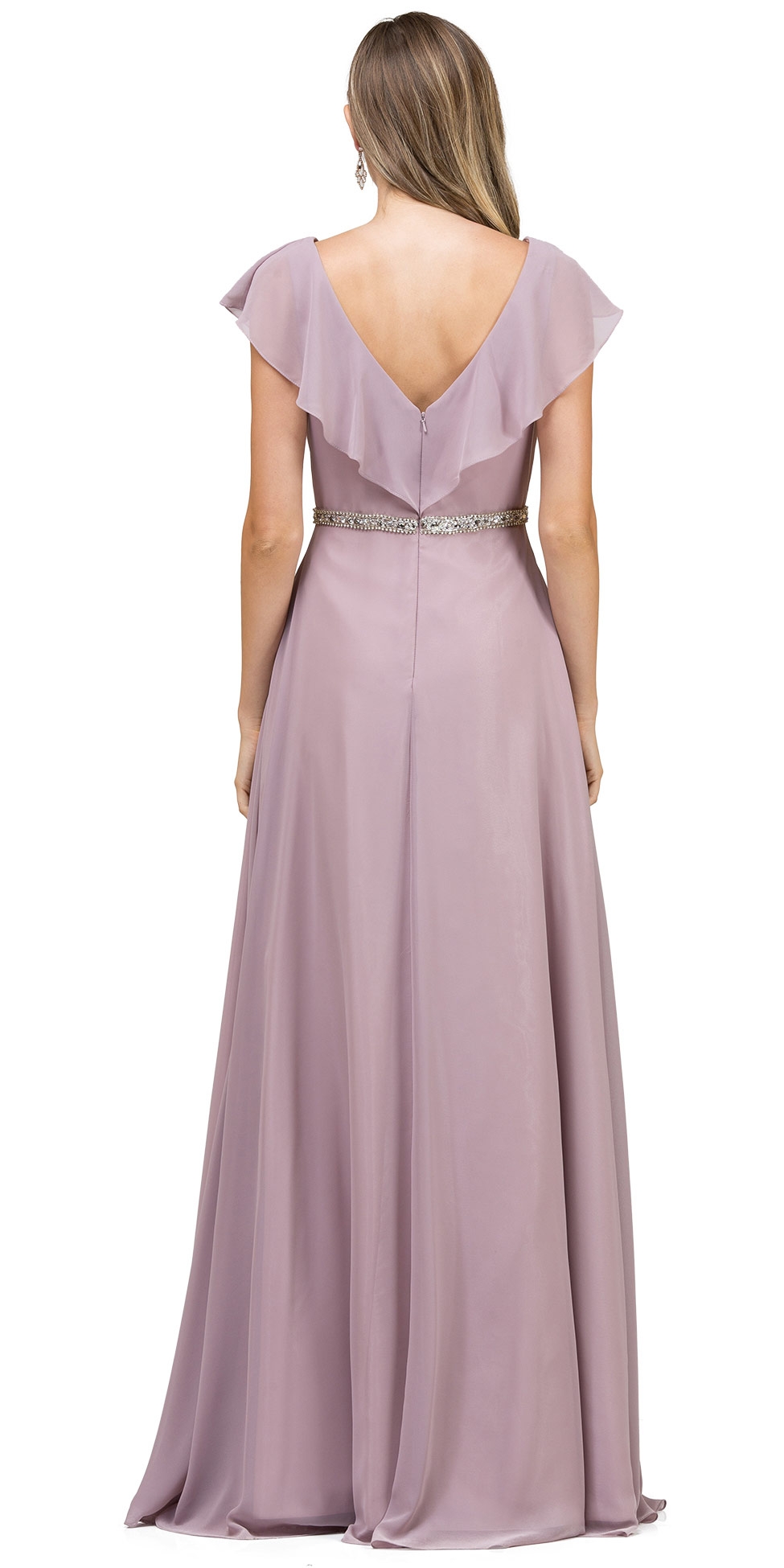 V-Neck Ruffled Top Beaded Waist Long Chiffon Formal Dress — back