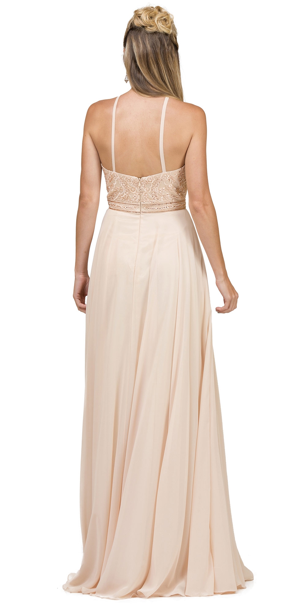 Embroidered Bodice High Neck Long Chiffon Prom Formal Dress — back