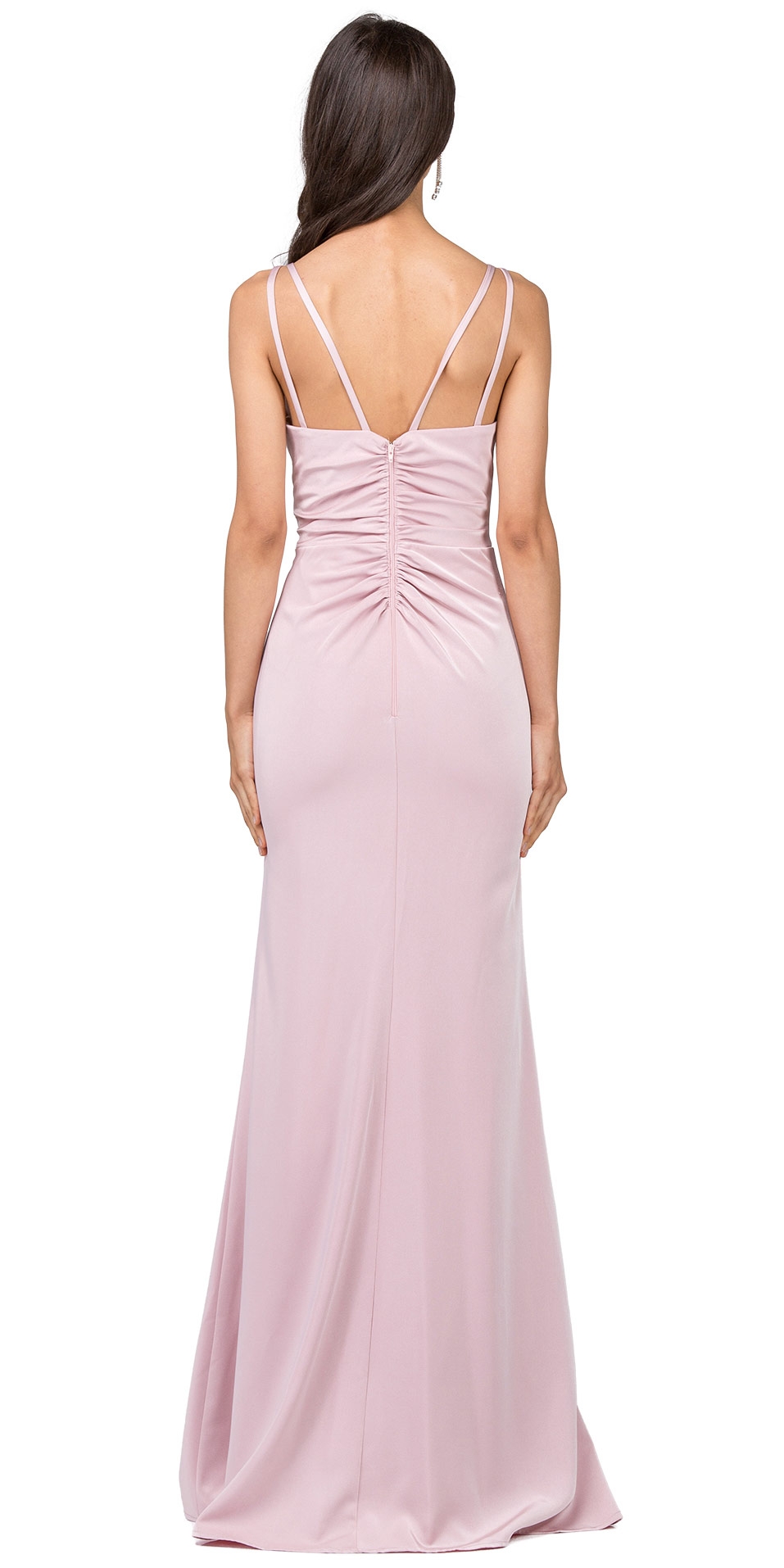Deep V-Neck Pleated Bust Long Satin Formal Evening Dress — back