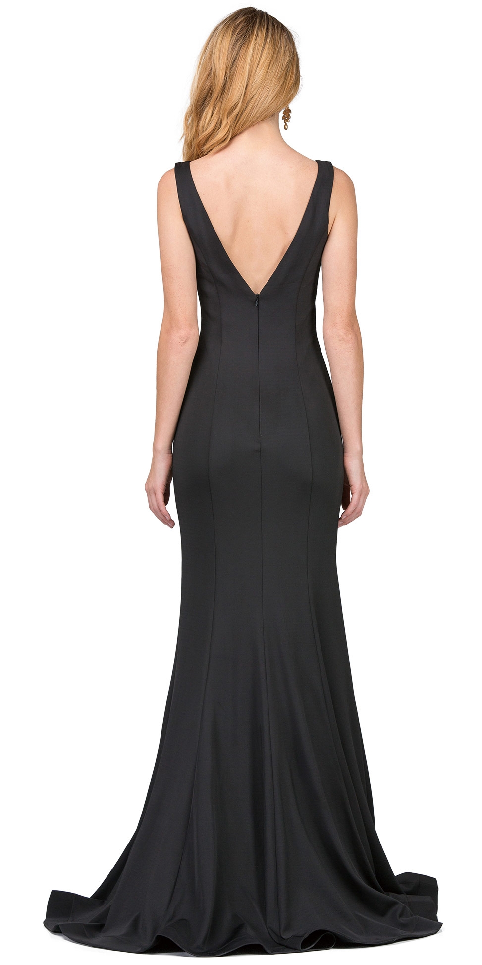 V-Neck Fitted Bodice Mermaid Skirt Long Formal Prom Gown.  — back