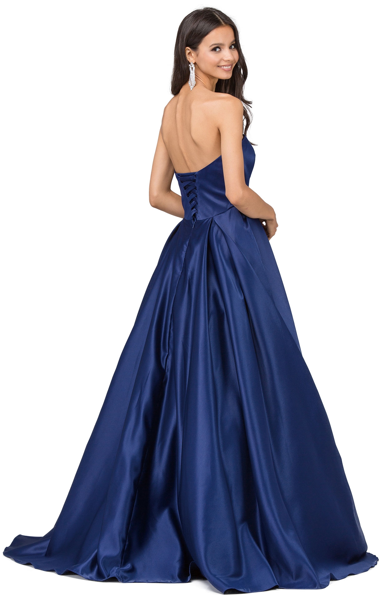 Strapless Puffy Skirt Long Prom Dress with Lace-up Corset — back in Navy