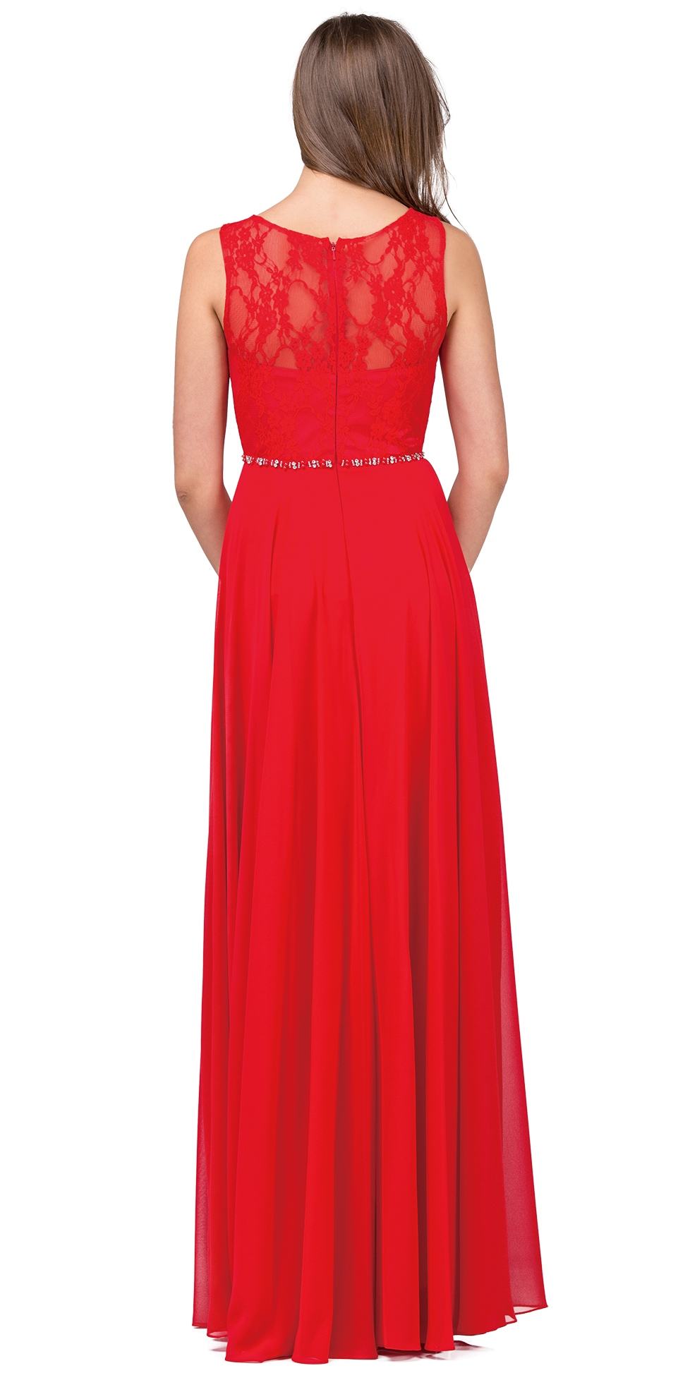 Lace Bodice Beaded Waist Long Chiffon Bridesmaid Dress — back in Red