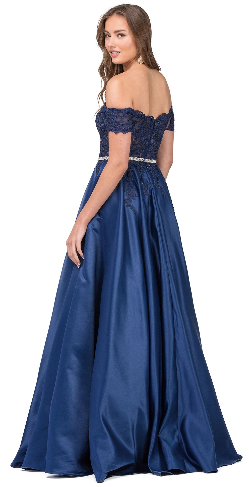 Long Off-the-Shoulder Lace & Satin Prom Dress. — back