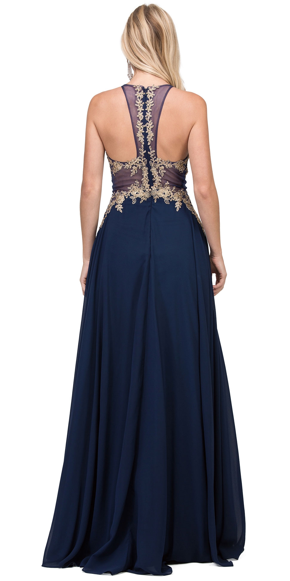 Lace Accent Sheer Mesh Bodice Long Prom Dress. — back in Navy