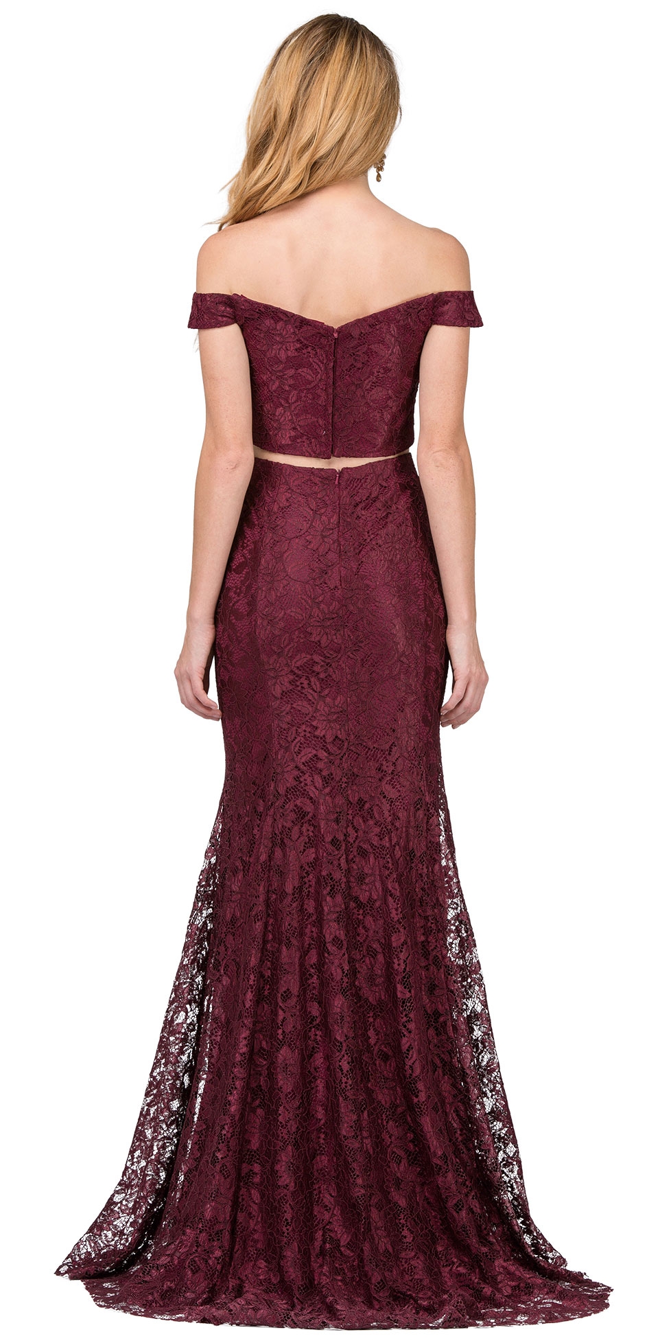 Off-the-Shoulder Floral Lace Two Piece Long Prom Dress — back