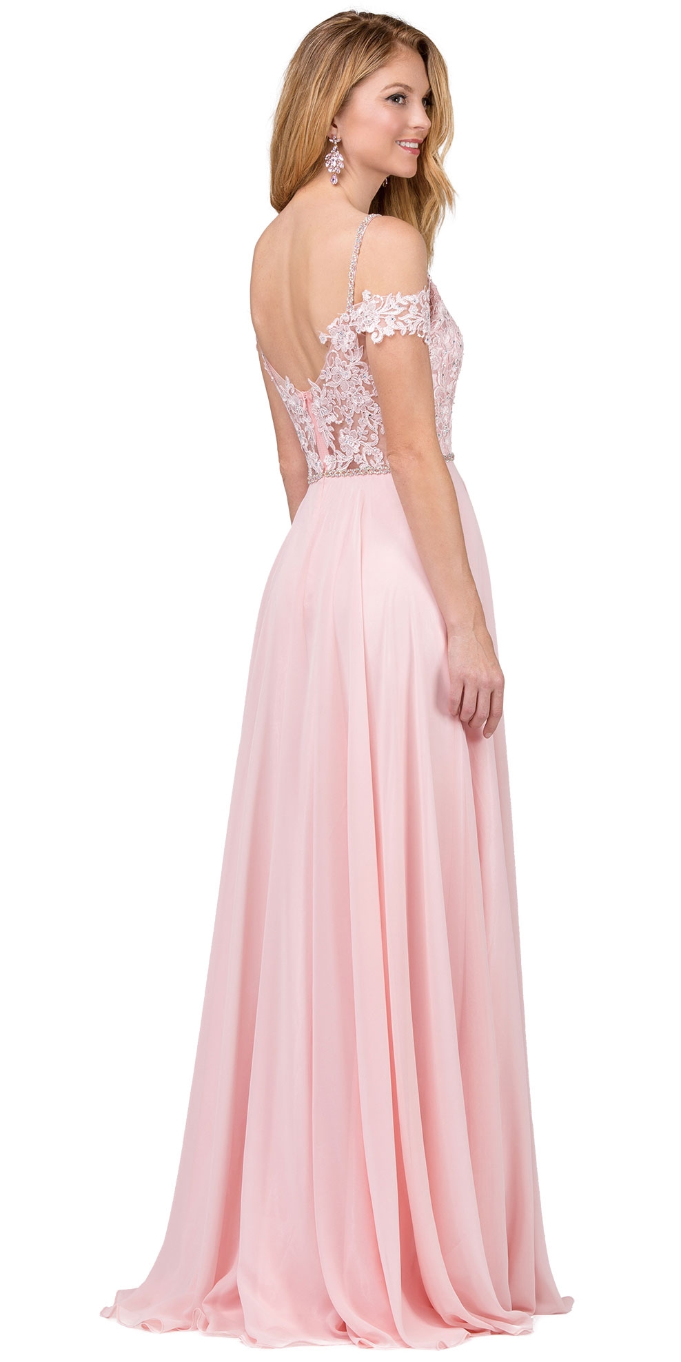 Cold Shoulder Beaded Lace Bodice Long Prom Dress — back in Blush