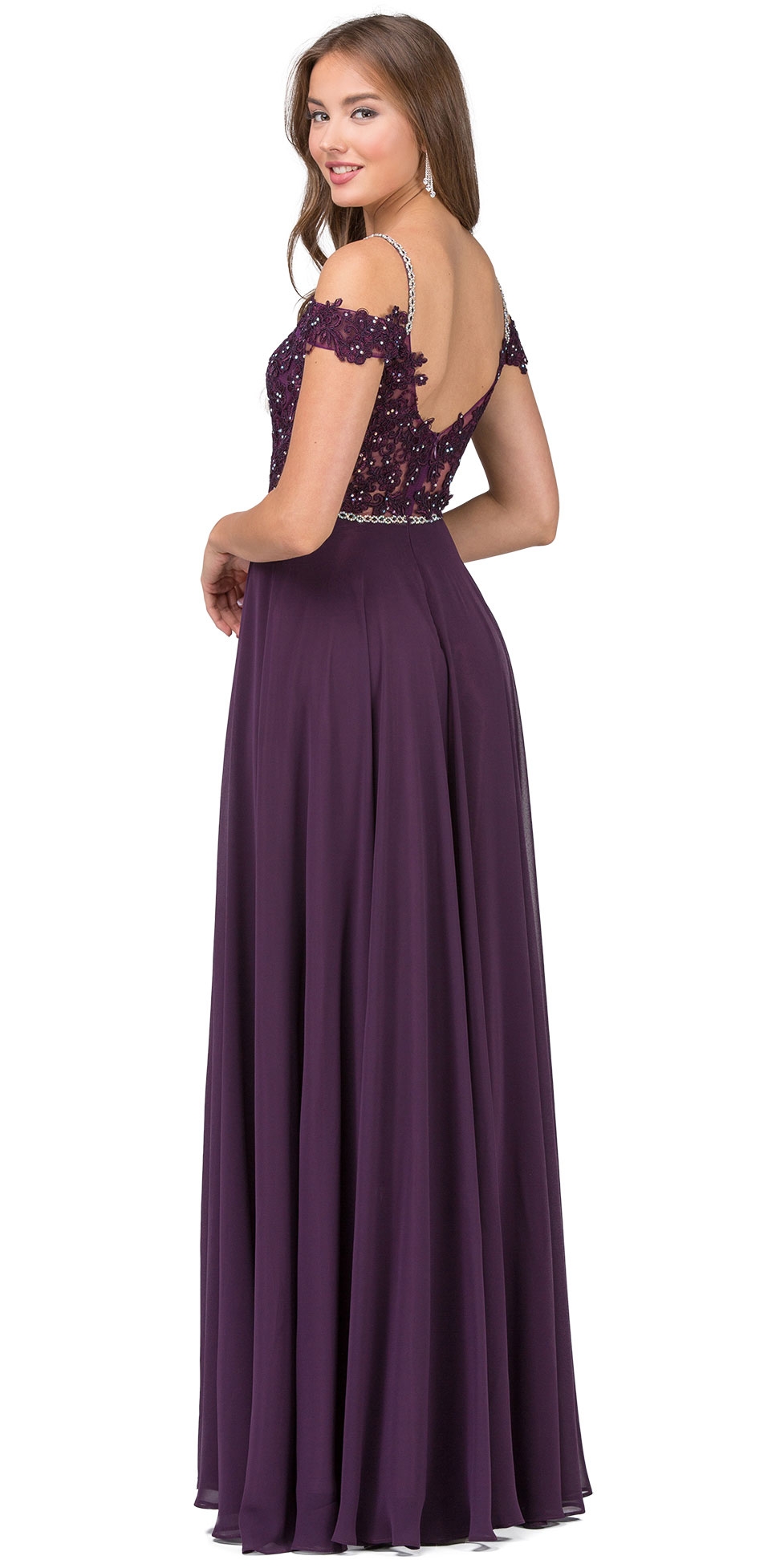 Cold Shoulder Beaded Lace Bodice Long Prom Dress — back