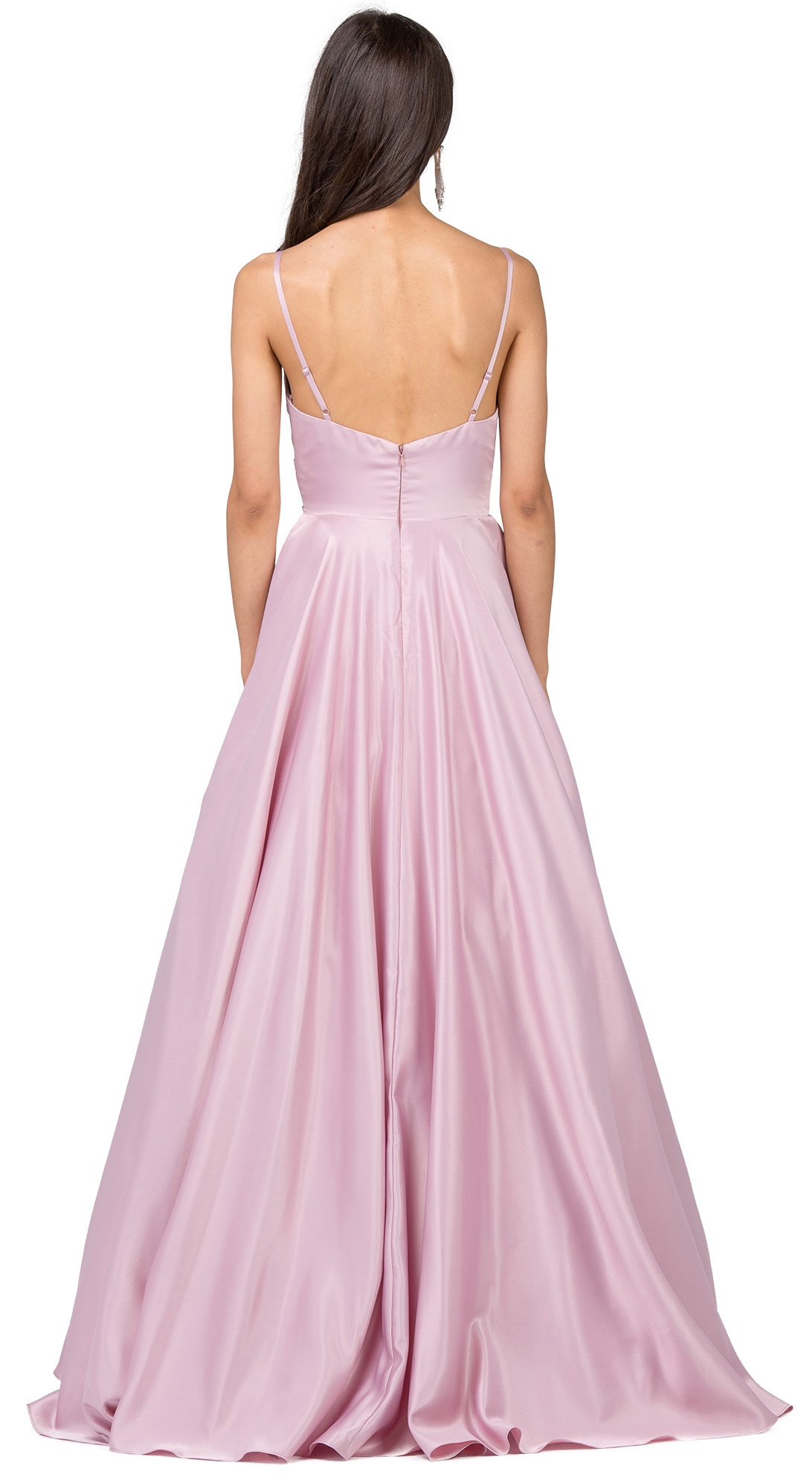 V-Neck Adjustable Straps Pleated Bust Long Prom Dress — back in Dusty Pink
