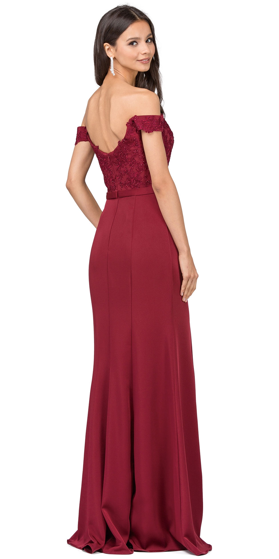 Off-the-Shoulder Lace Accent Top Long Prom Dress — back in burgundy
