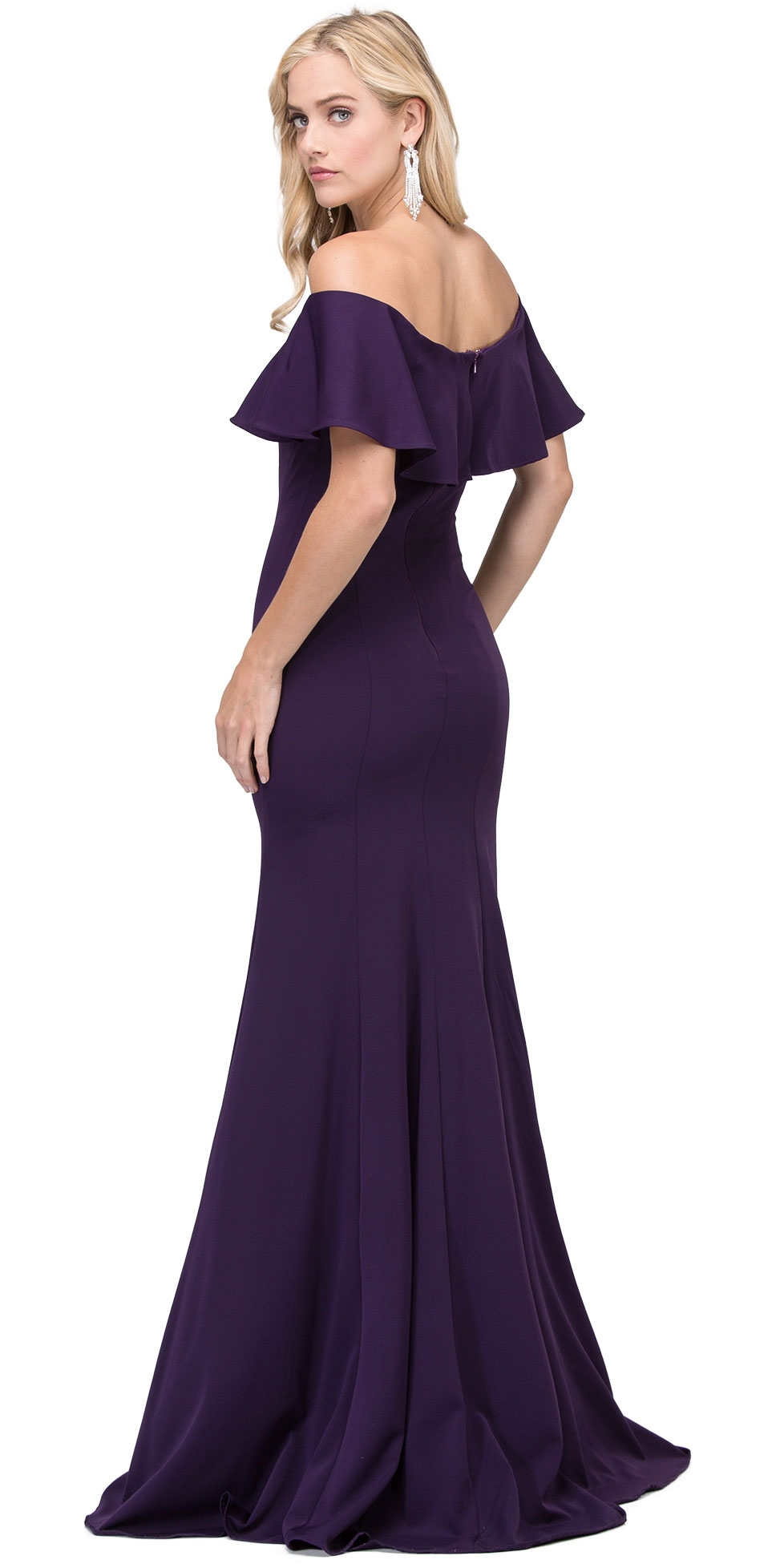 Ruffled Off-the-Shoulder Princess Cut Long Prom Dress — back in Plum