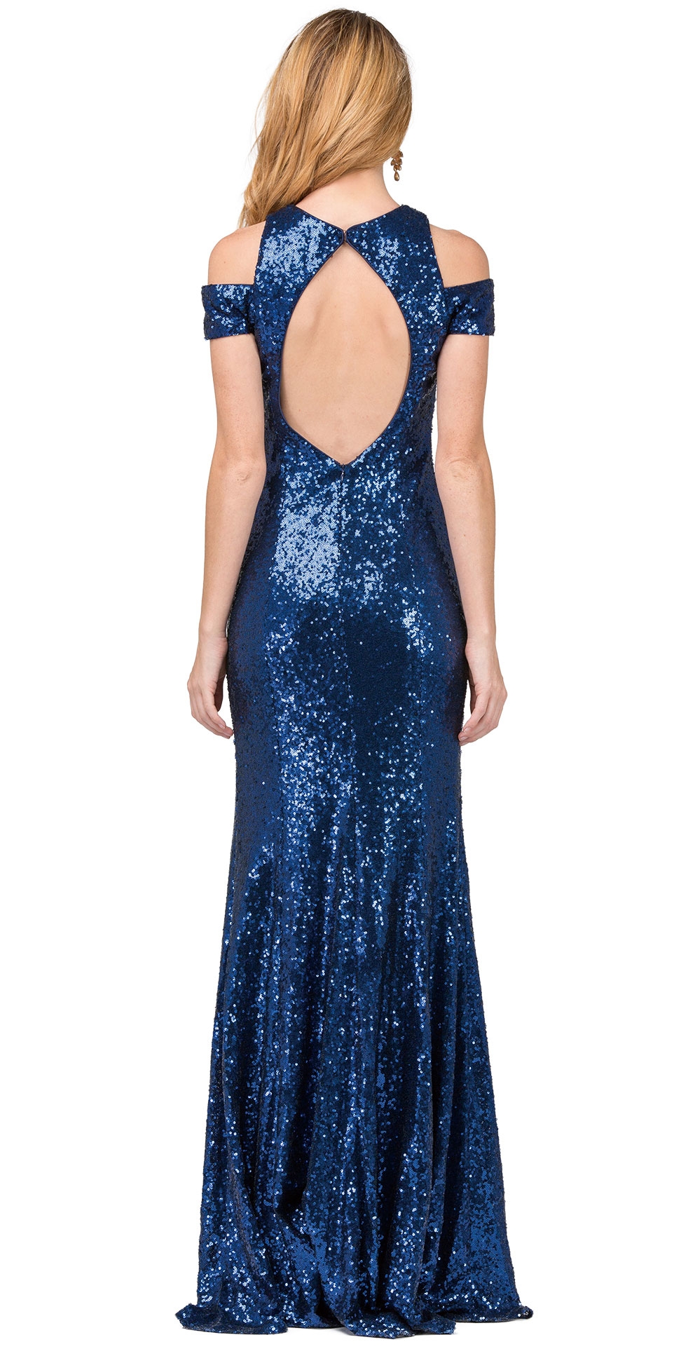 Cold Shoulder Keyhole Back Sequin Long Prom Dress — back