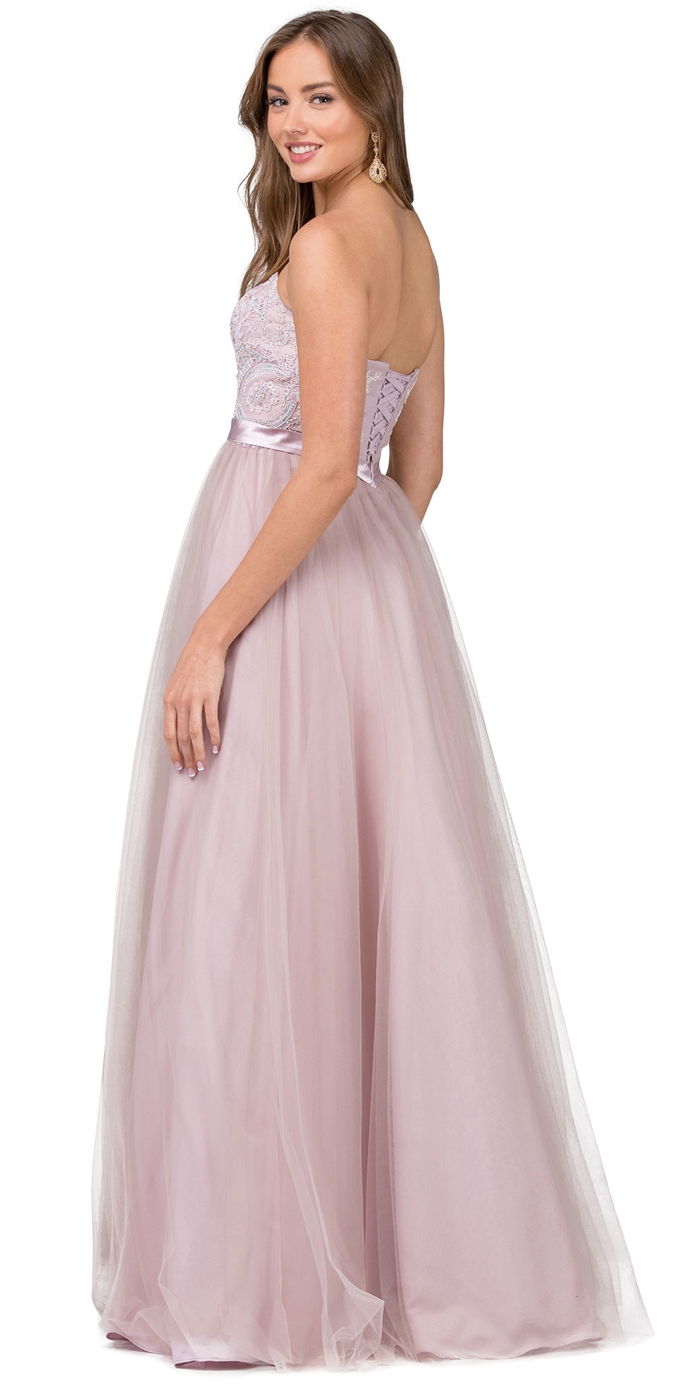 Strapless Beaded Bust Tulle Skirt Long Prom Dress — back
