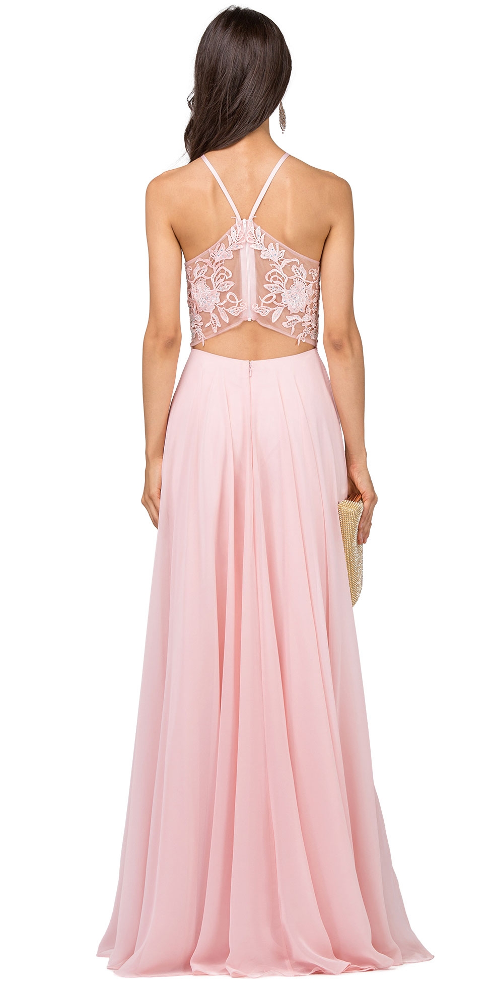 Lace Accent Sheer Mesh Top Chiffon Long Prom Dress — back