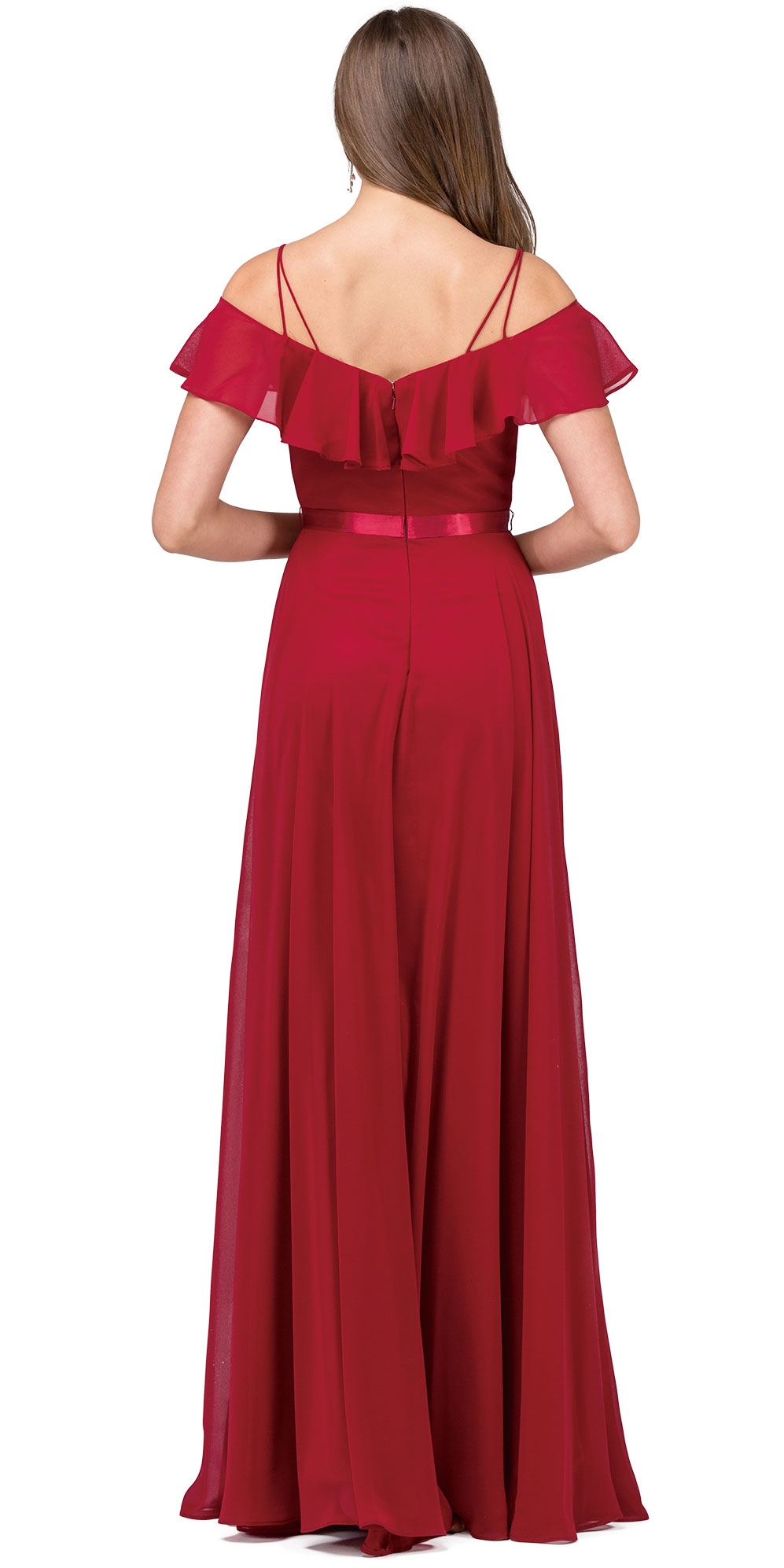 Cold Shoulder Frill Top Ribbon Waist Long Bridesmaid Dress — back