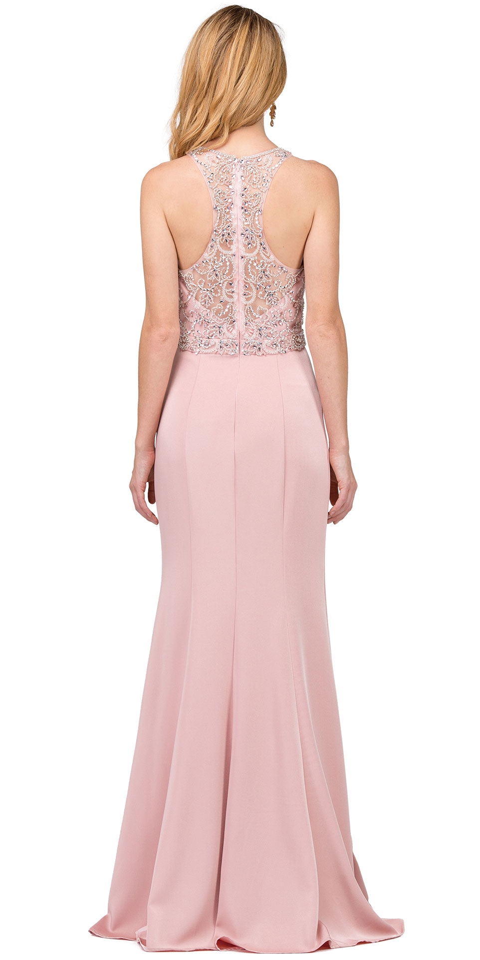 Bejeweled Bodice Round Neck Sleeveless Long Prom Dress — back