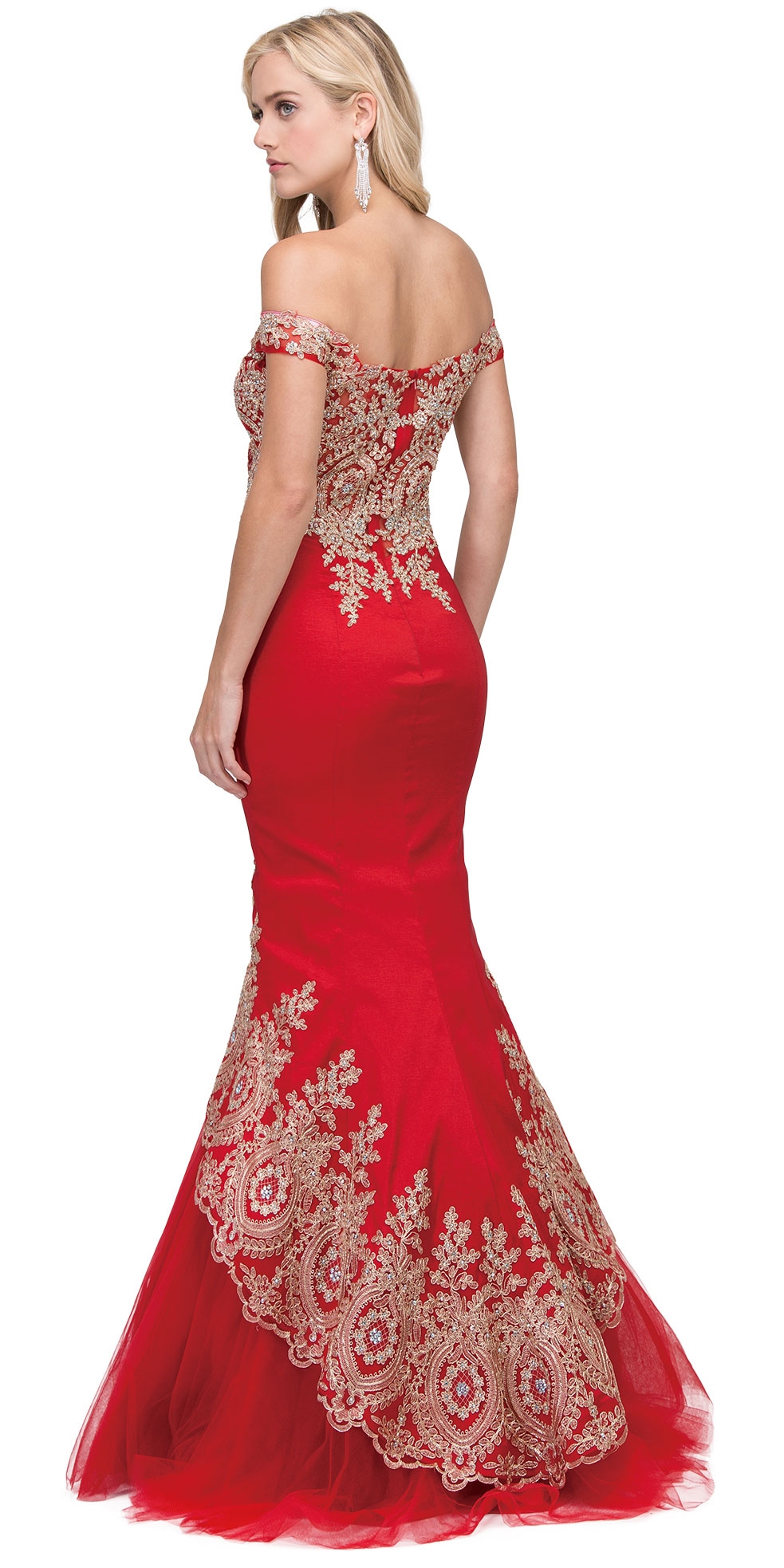Lace Embellished Bodice Tulle Skirt Long Prom Dress — back