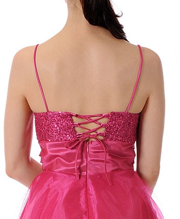 Sequin Bodice Crystal Mesh Skirt Short Party Dress — back in Fuchsia