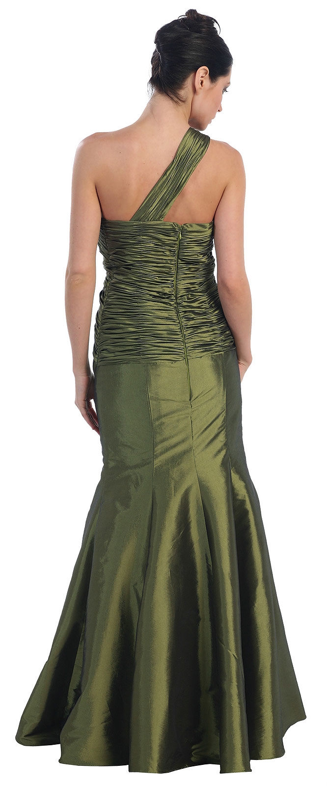 Mermaid Prom Dress with Ruched Bodice and Floral Aplique — back in Olive Green