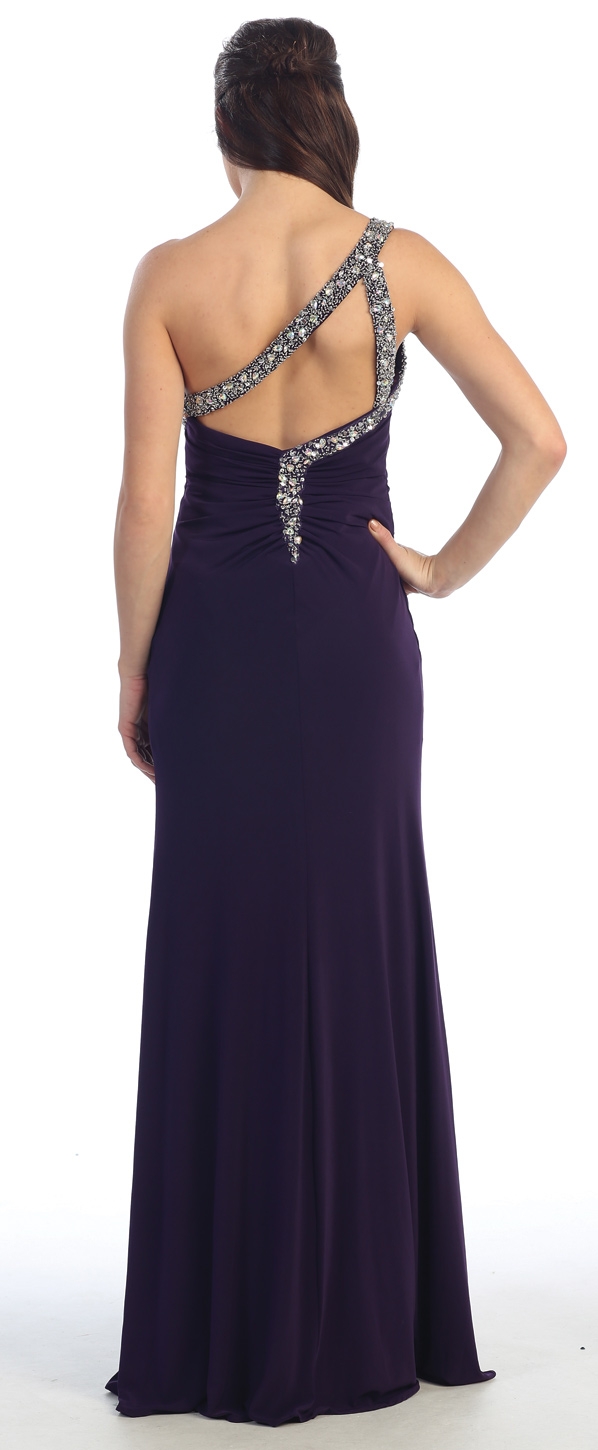 One Shoulder Prom Dress with Beaded Straps & High Slit — back