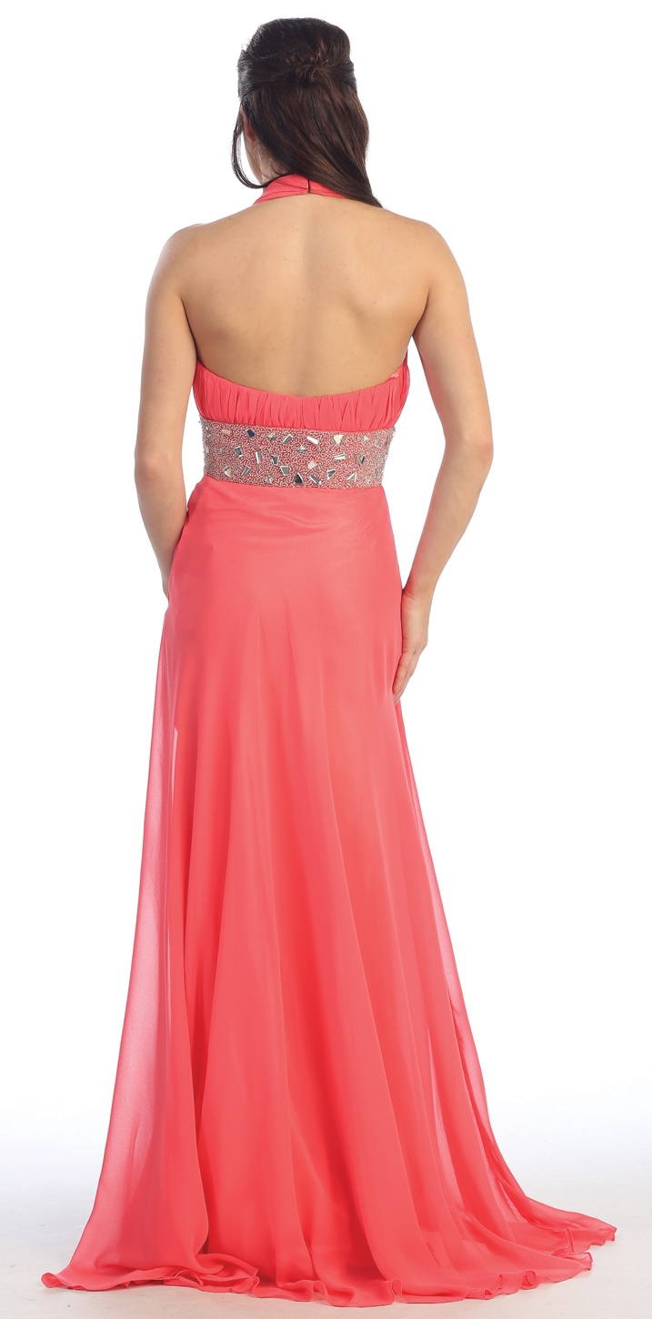 Halter Neck Long Formal Prom Dress with Beaded Waistline — back