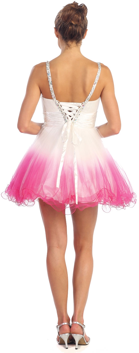 Beaded Straps & Waist Mesh Short Party Dress — back in Fuchsia