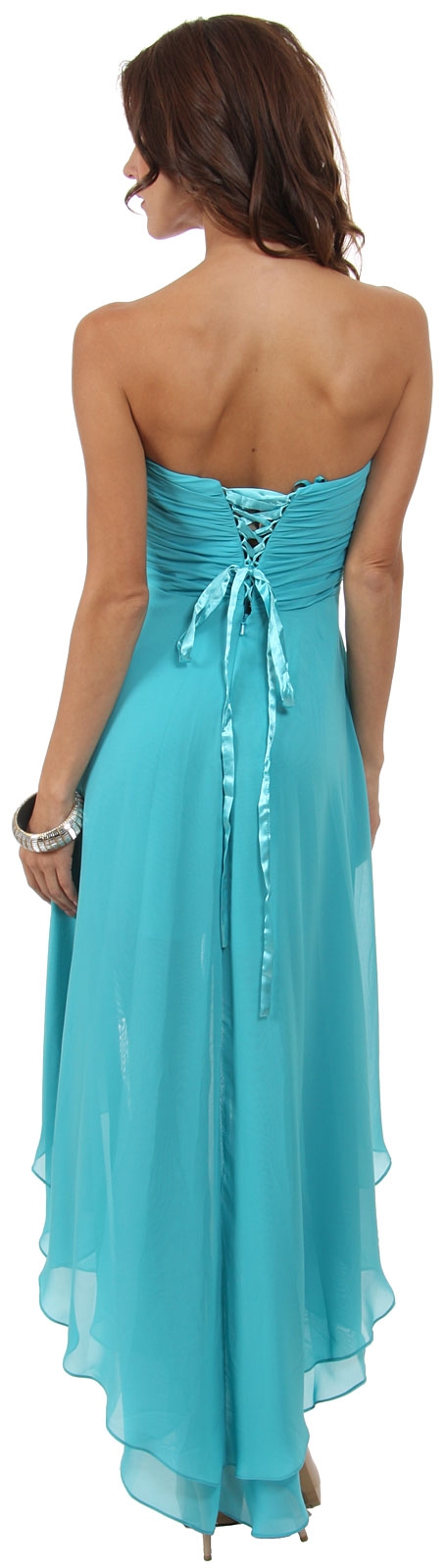 Strapless High Low Formal Prom Dress with Twist at Bust — back in Aqua