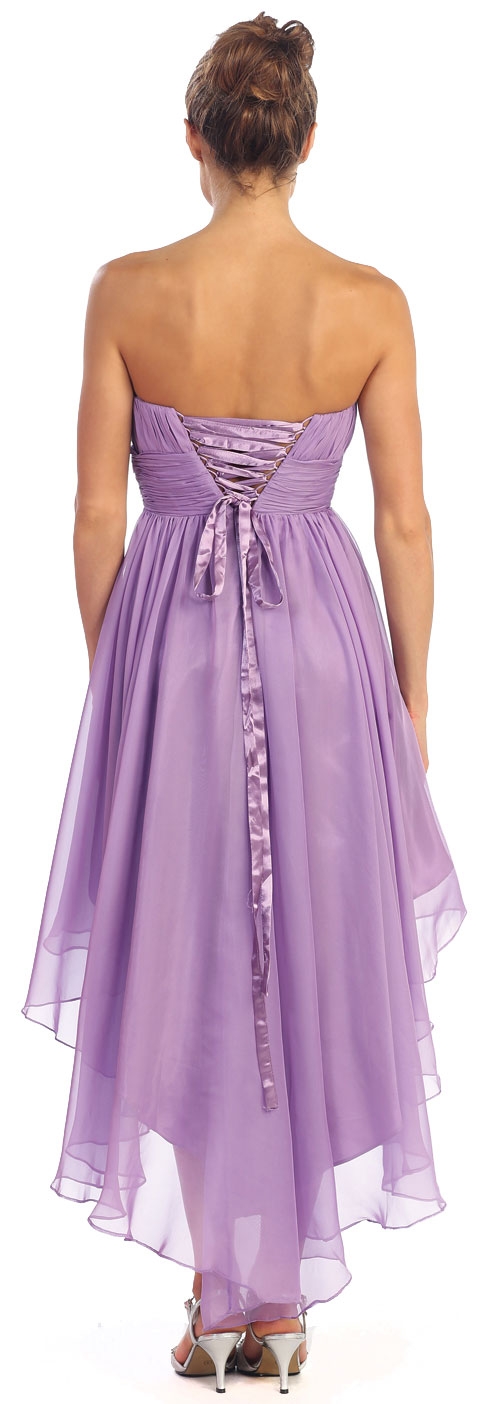 Strapless Floral Accent High Low Cocktail Party Dress  — back in Lilac