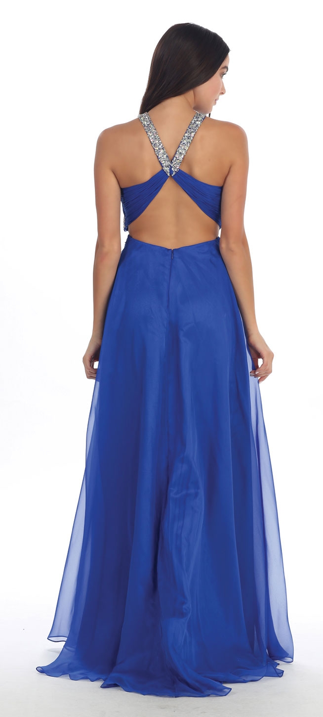 Halter Neck Rhinestone Waist Long Formal Prom Dress — back in Royal Blue