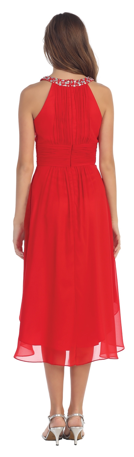 Round Neck Pleated Bust High Low Party Dress — back