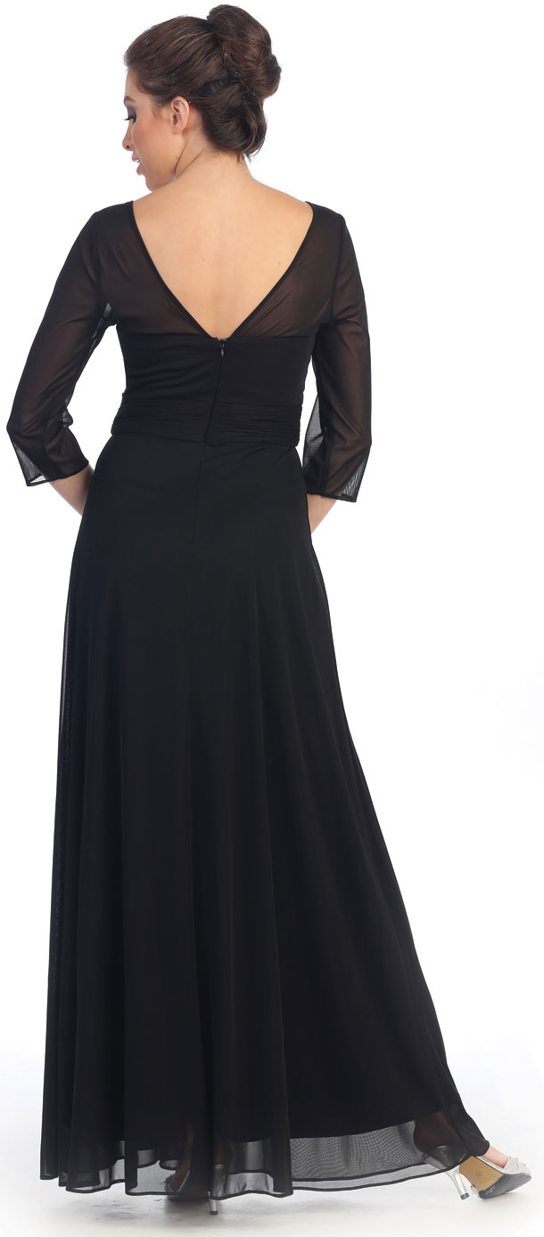 Sheer Neck Bejeweled Waist Long Formal MOB Dress — back