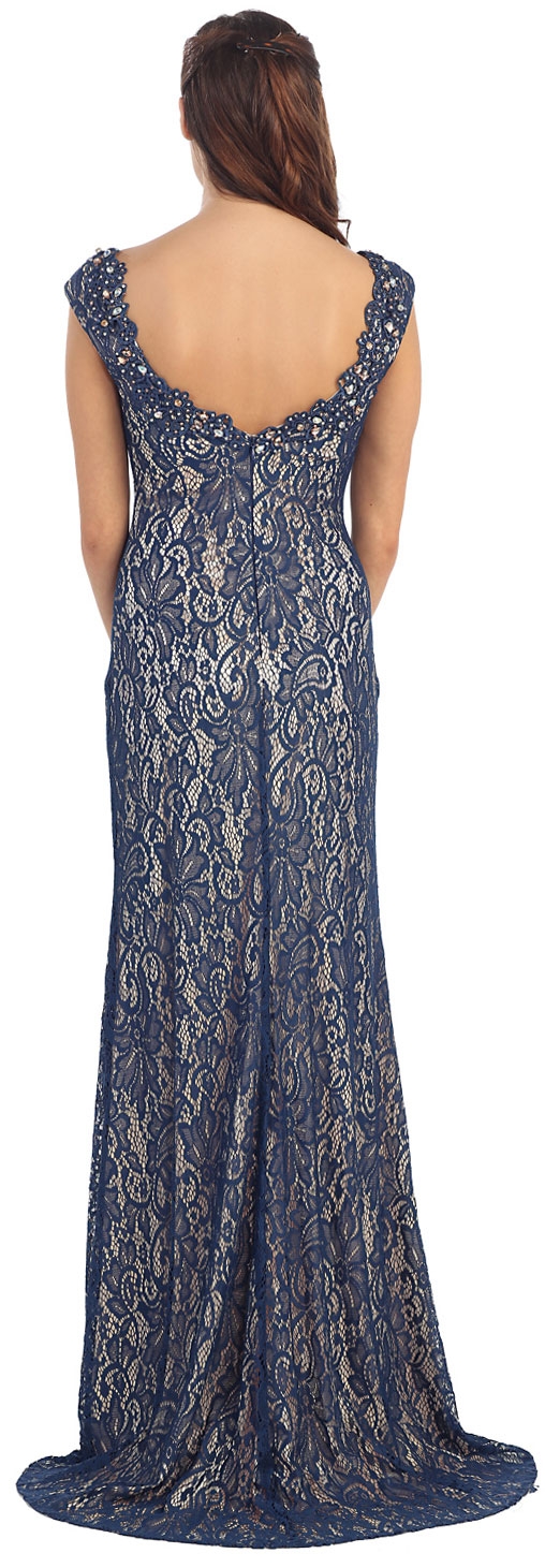 V-Neck Sleeveless Lace Long Formal Evening Prom Dress — back
