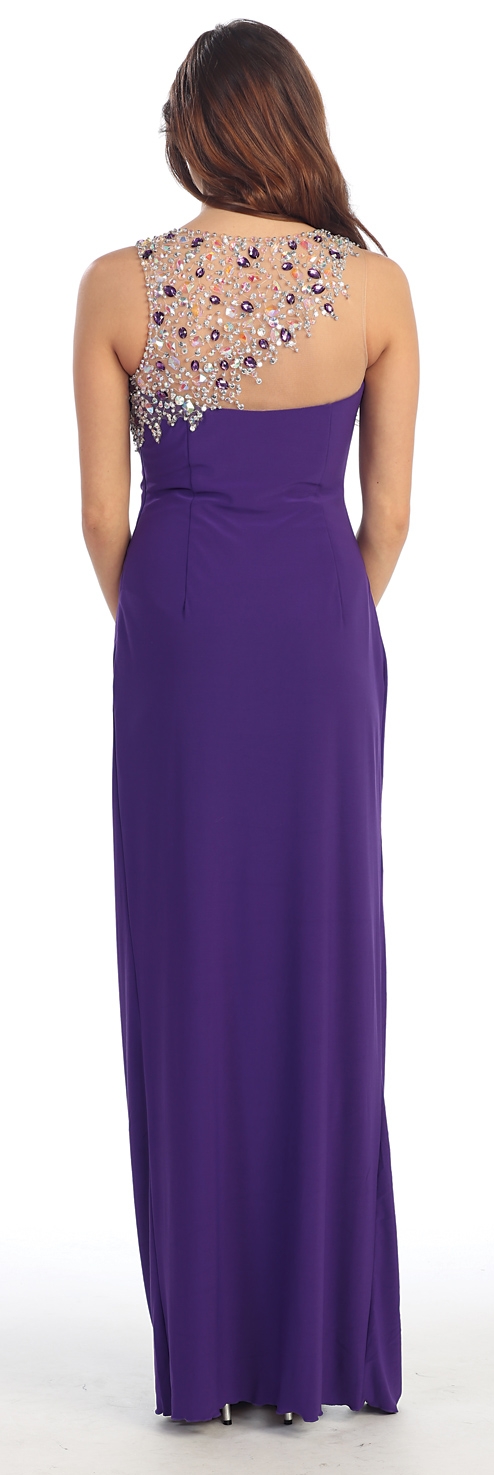 Round Chunky Jewels Neck Long Formal Evening Prom Dress — back